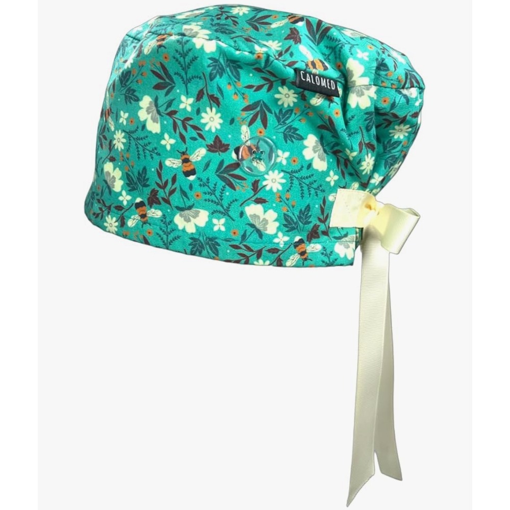 CALOMED Scrub Hat Ties Adjustable Bouffant Surgical Cap Bees and Flowers on Teal